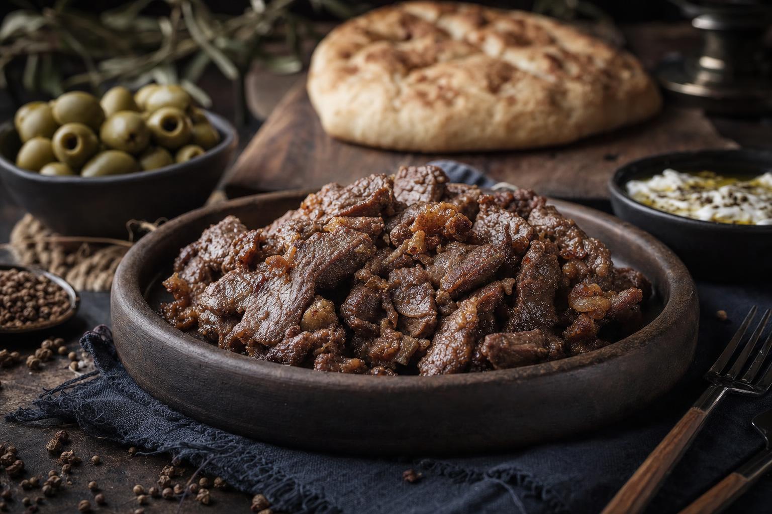 Sac Kavurma – Gebratene Fleischwürfel mit Zwiebeln und Paprika in einer Pfanne, serviert mit frischen Kräutern.