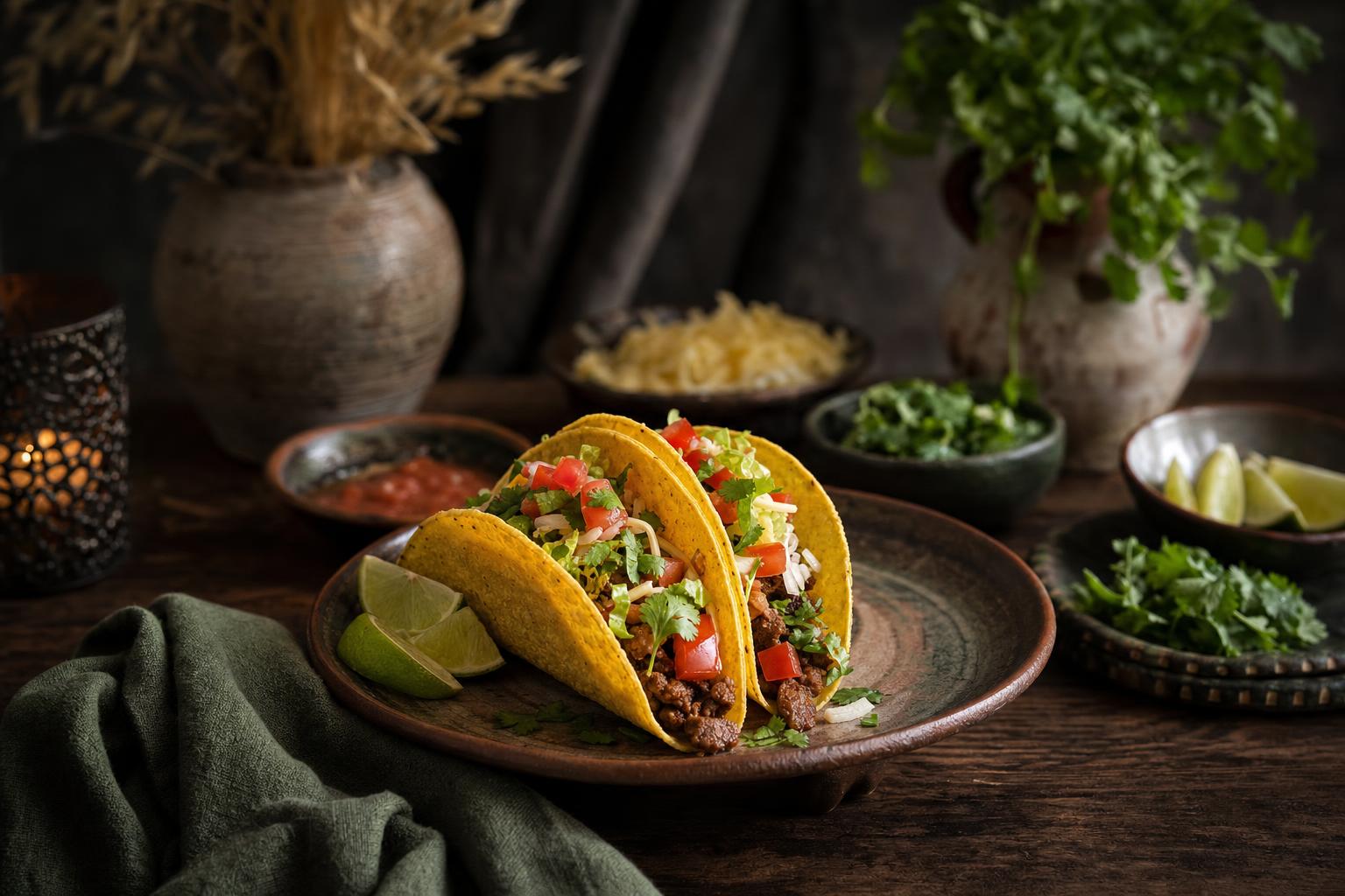 Drei goldgelbe, knusprige Taco Shells liegen auf einem Holzbrett, daneben Limettenspalten und frische Kräuter.