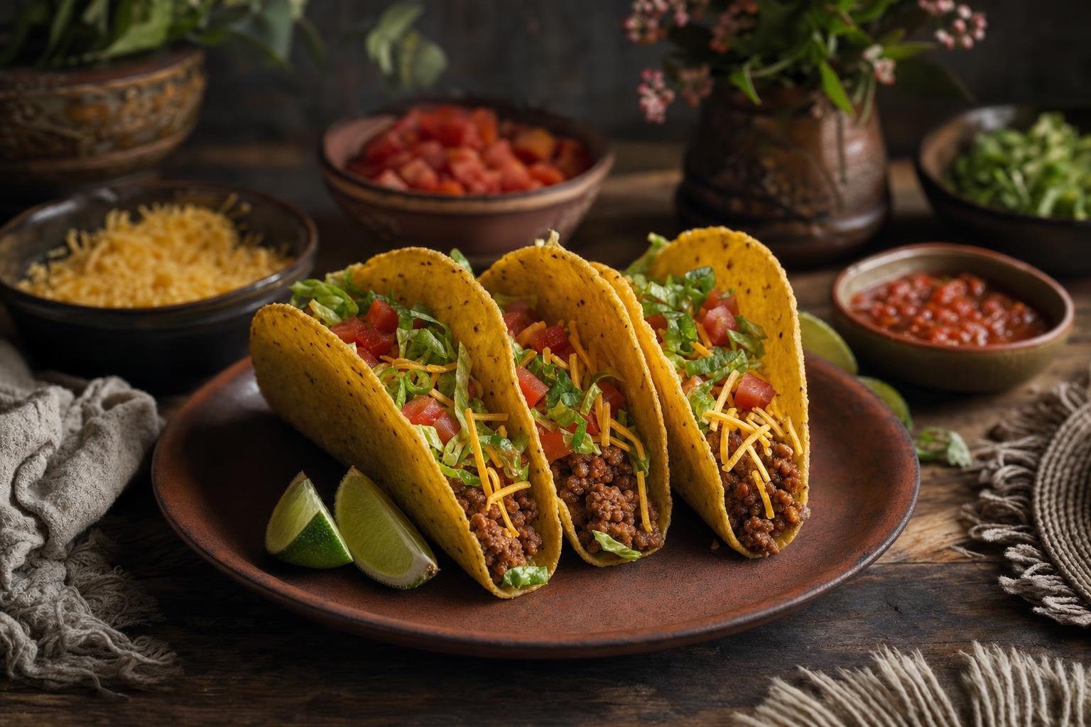 Drei goldgelbe, knusprige Taco Shells liegen auf einem Holzbrett, daneben Limettenspalten und frische Kräuter.