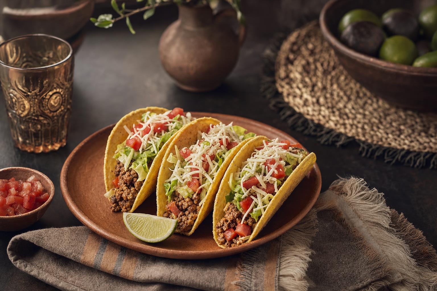 Drei goldgelbe, knusprige Taco Shells liegen auf einem Holzbrett, daneben Limettenspalten und frische Kräuter.