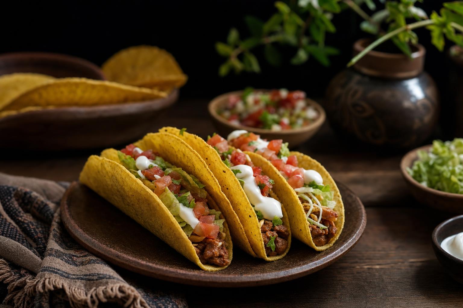 Drei goldgelbe, knusprige Taco Shells liegen auf einem Teller, daneben frische Limettenspalten und Koriander.