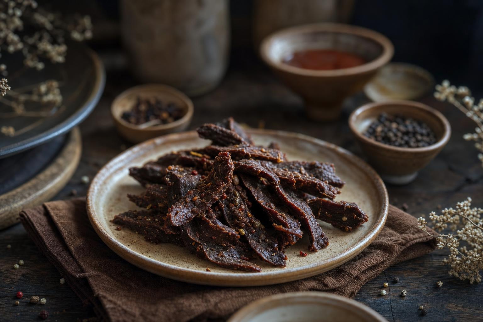Dünne, braune Streifen veganes Jerky auf einem weißen Teller, daneben Gewürze und frische Kräuter, natürlich ausgeleuchtet.