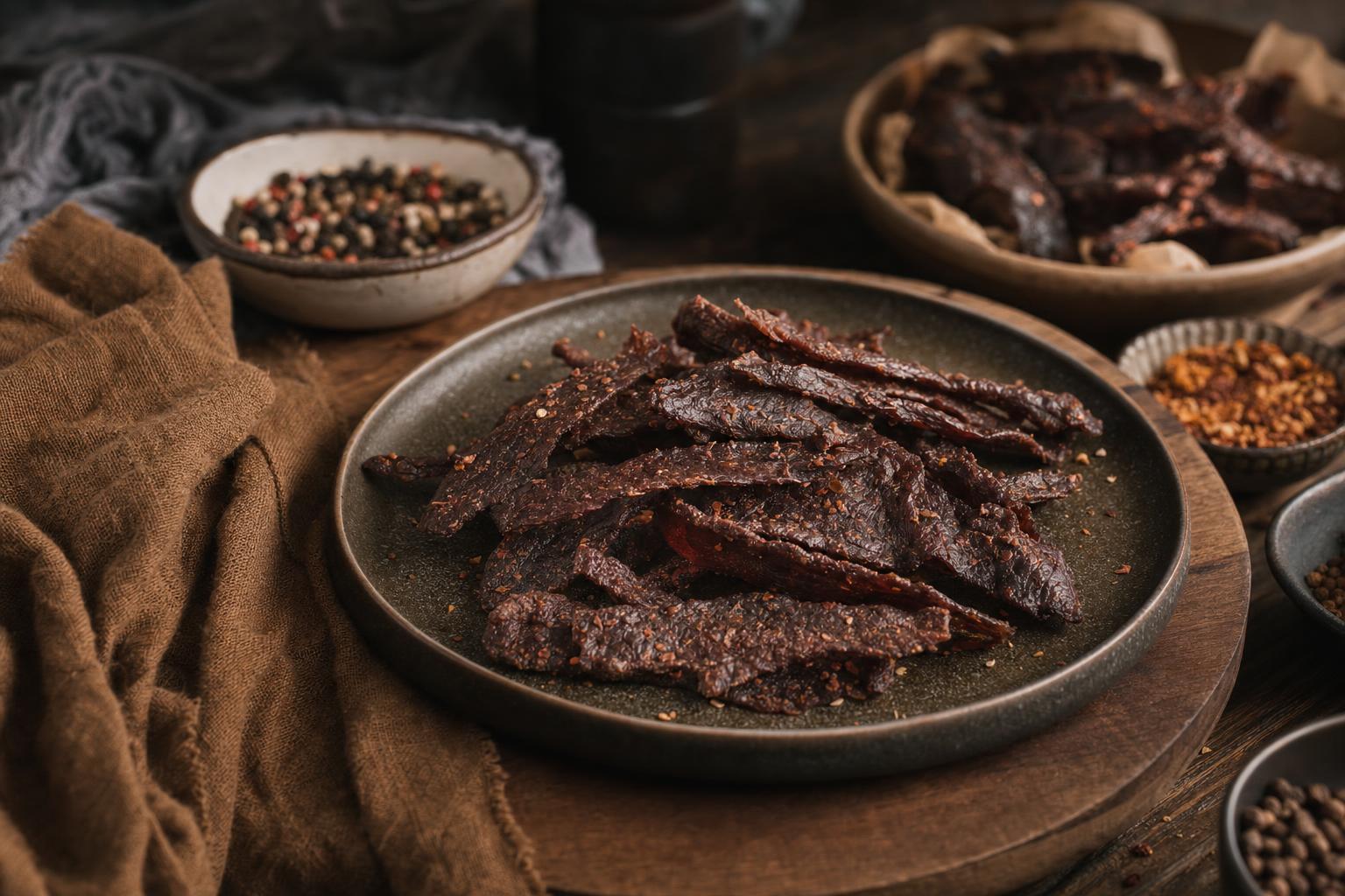 Dünne, gebräunte Streifen veganes Jerky auf einem Holzbrett, daneben Gewürze und frische Kräuter, natürlich ausgeleuchtet
