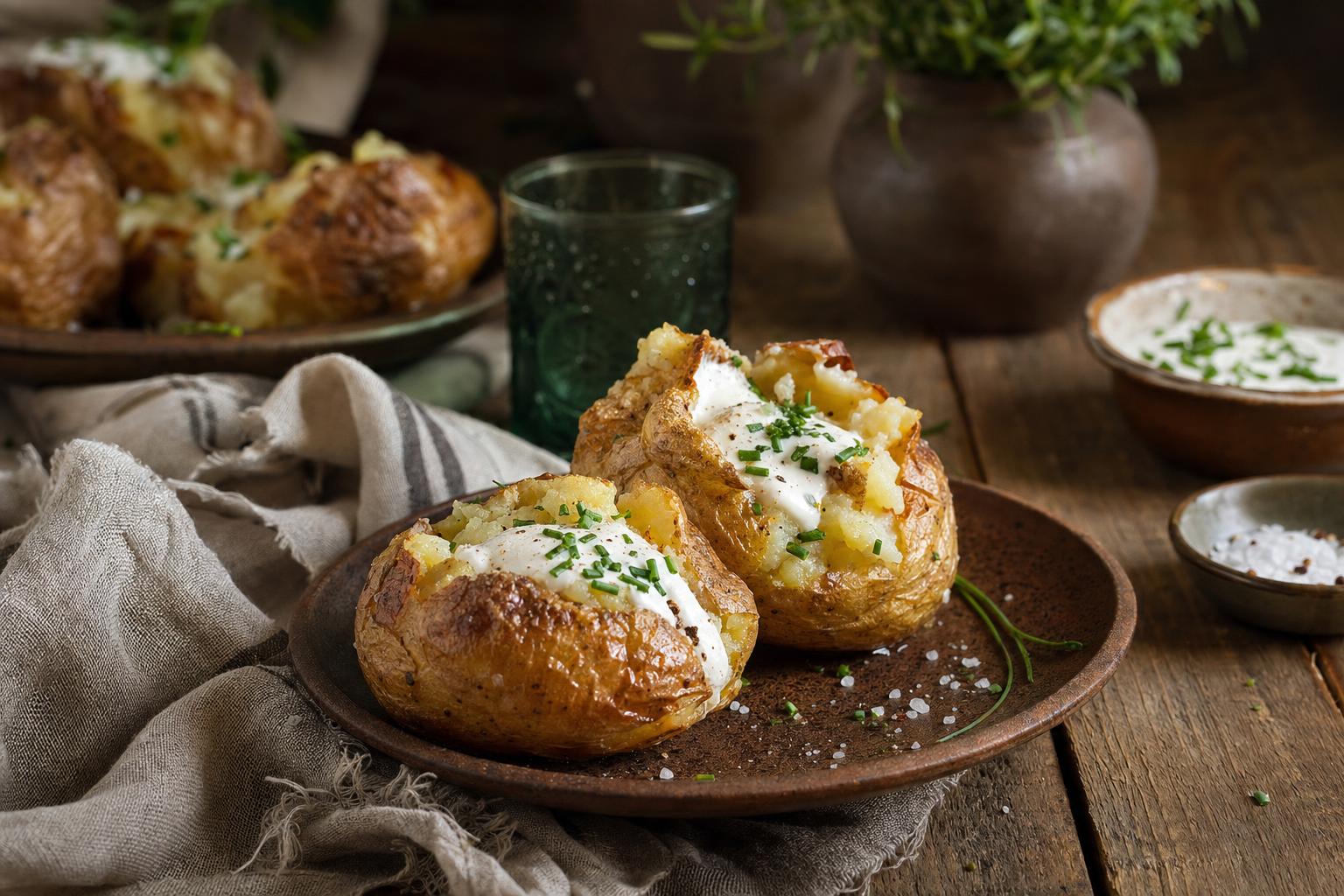 Gebackene Ofenkartoffeln mit knuspriger Schale, aufgeschnitten und mit verschiedenen Toppings auf einem Holztisch angerichtet