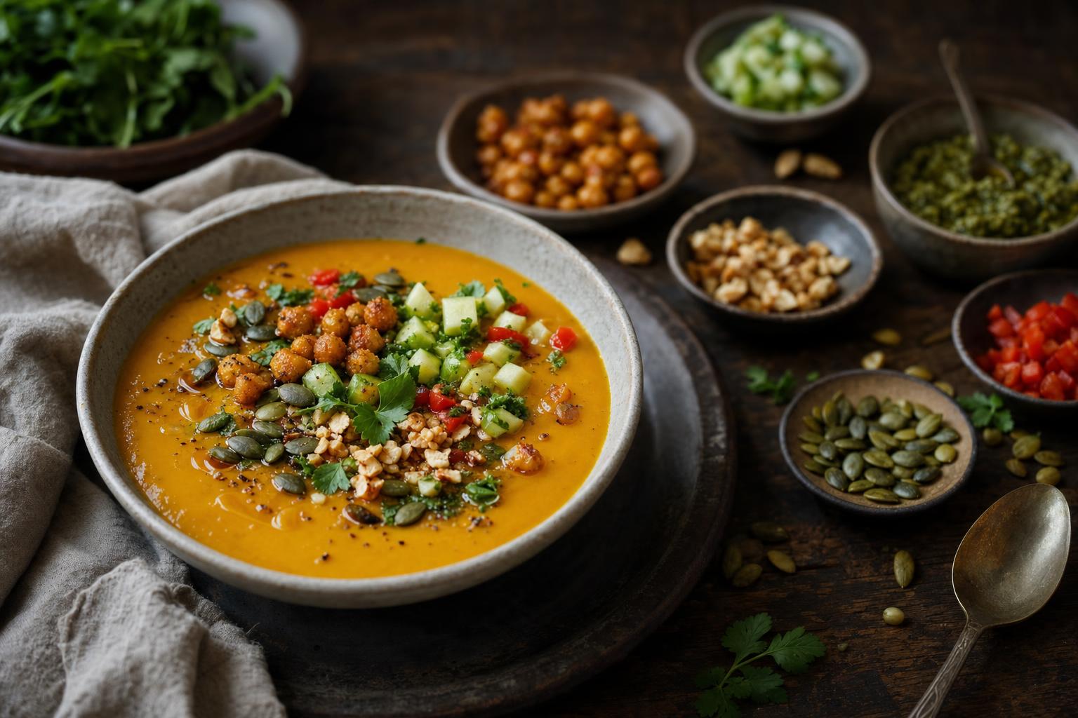 Bunte Suppe in einer Schale, garniert mit Kernen, Kräutern, Nüssen und gewürfeltem Gemüse, daneben weitere Toppings auf dem Tisch.