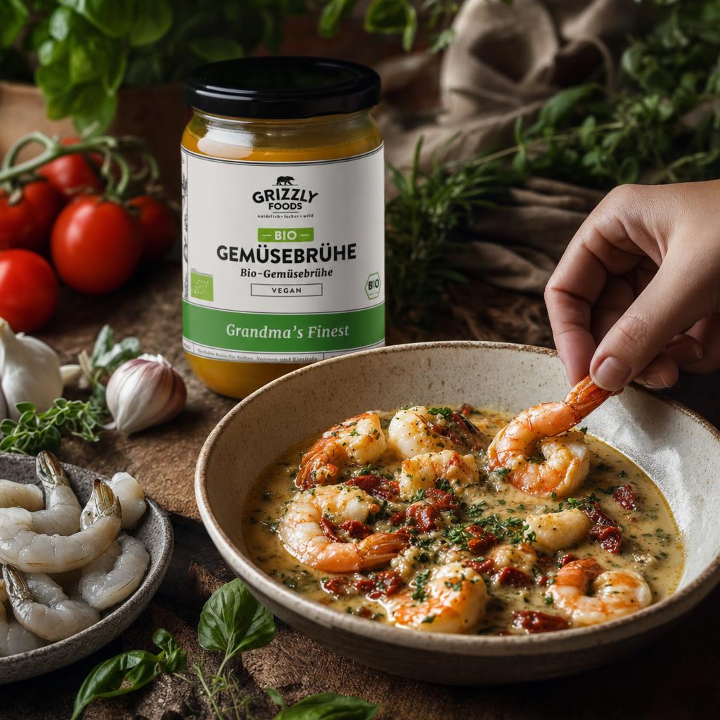 Cremige Garnelen in Knoblauchsoße in einer Schale, umgeben von frischen Tomaten, Kräutern, Knoblauch und rohen Garnelen.