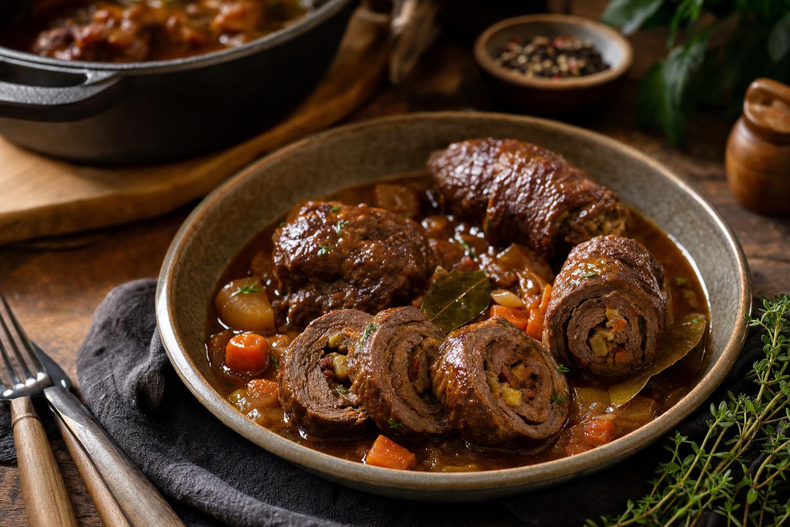 Mehrere geschmorte Rinderrouladen in dunkler Sauce mit Lorbeerblättern, Karotten- und Zwiebelstücken in einem Topf, daneben frische Kräuter.