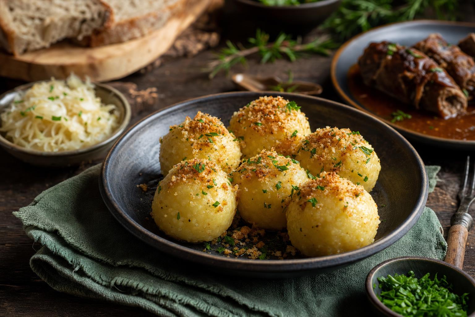 Mehrere goldgelbe Kartoffelklöße in einer schwarzen Schale, bestreut mit gerösteten Semmelbröseln und frischen Kräutern.