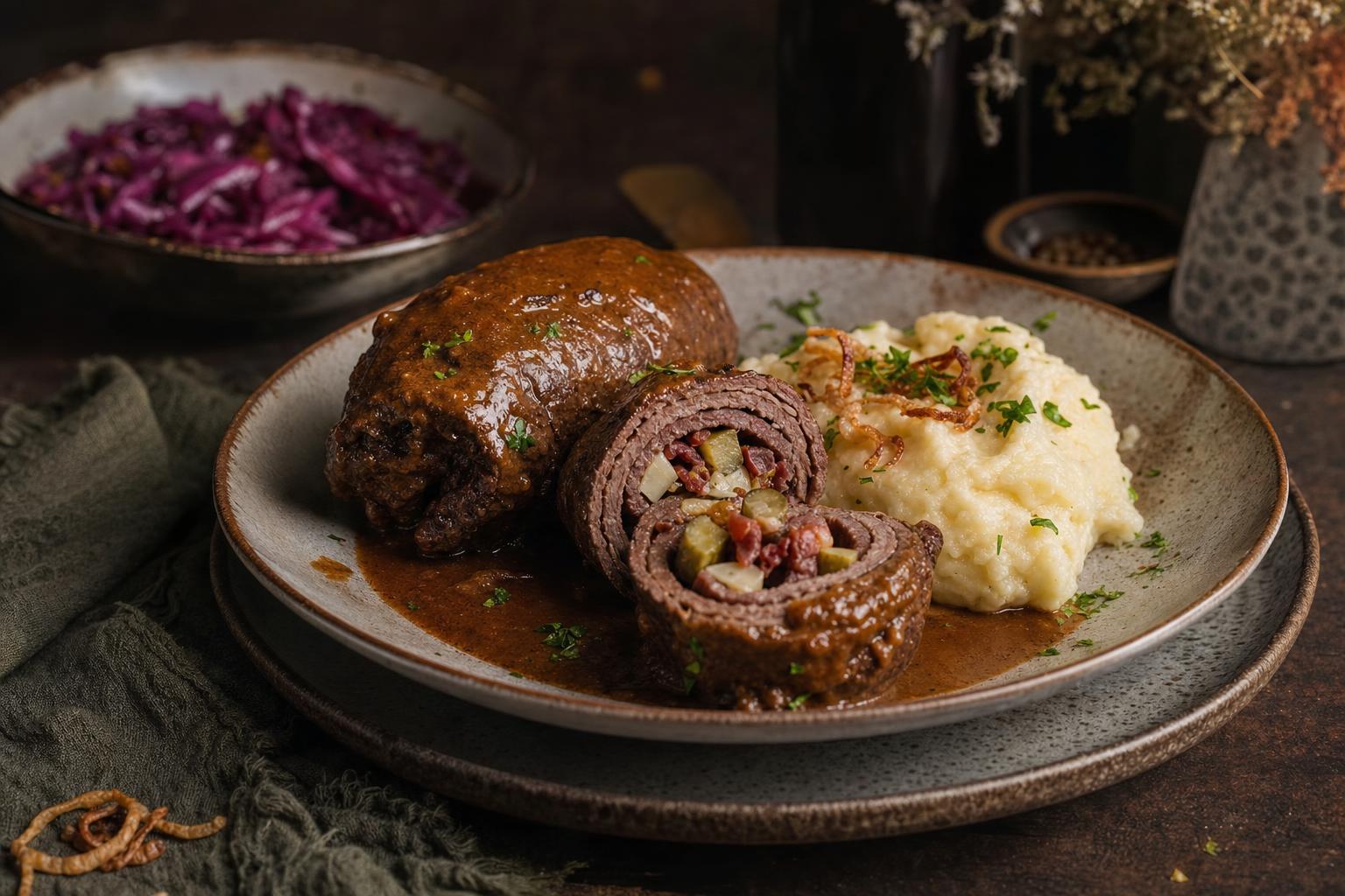 Zwei aufgeschnittene Rinderrouladen mit Füllung, serviert in dunkler Soße, dazu Kartoffelpüree und gedünstetes Gemüse auf einem Teller.