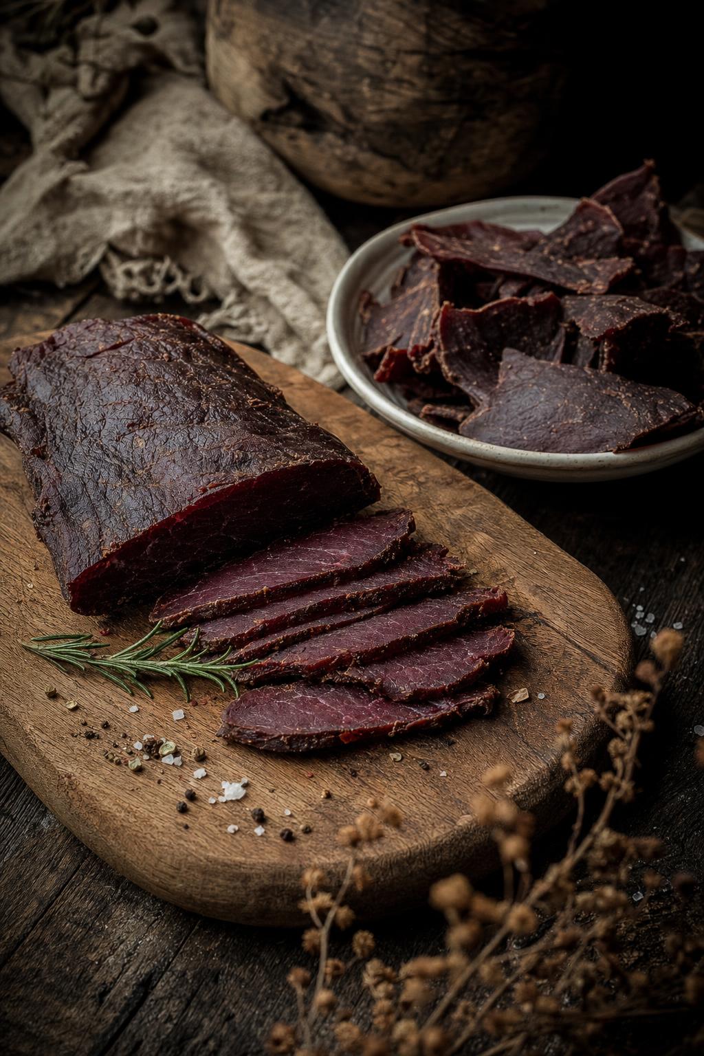Dünne Scheiben Trockenfleisch werden auf einem Holzbrett mit einem großen Messer geschnitten, daneben eine kleine Schale mit Fleischstücken.