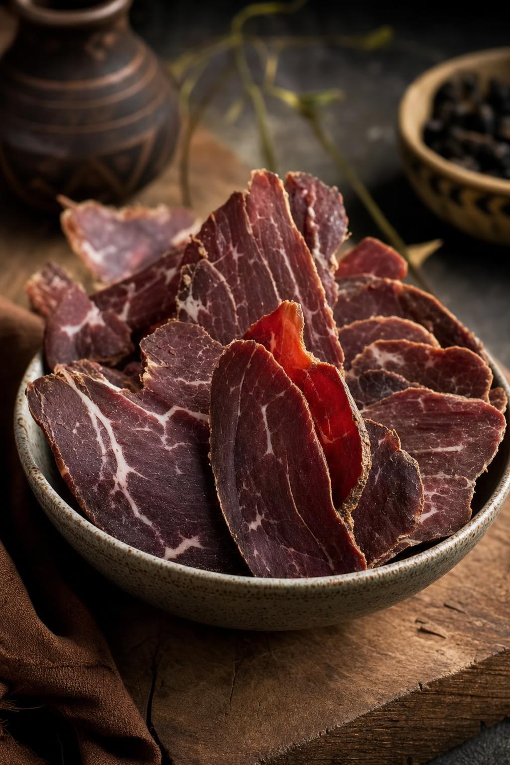 Mehrere Stücke Trockenfleisch in einer kleinen weißen Schale auf Holzuntergrund, Fokus auf die strukturierte Oberfläche des Fleisches.