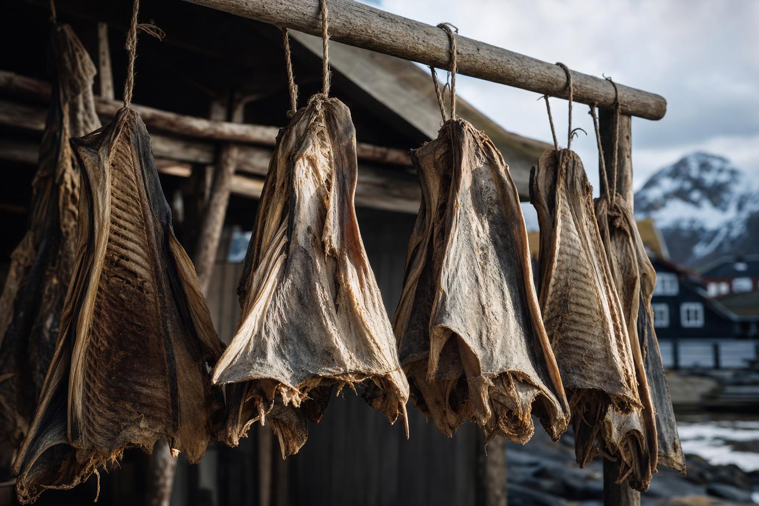 Mehrere große Stücke getrockneter Fisch hängen an Schnüren im Freien an Holzstangen, im Hintergrund rustikale Gebäude.