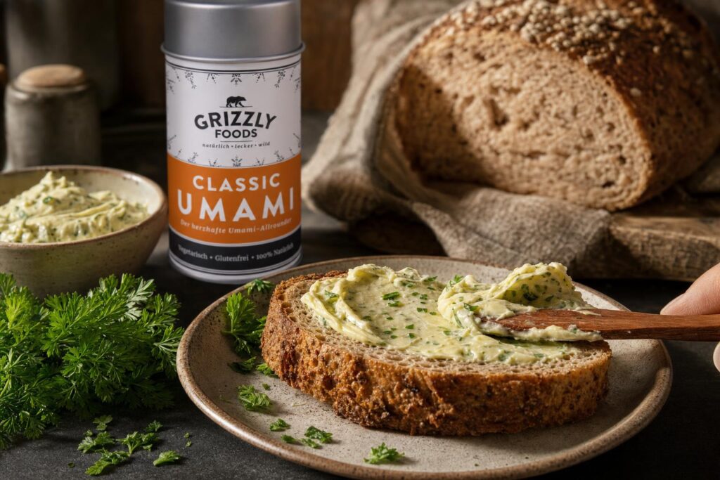 Eine Hand streicht Kräuterbutter auf eine Scheibe rustikales Vollkornbrot, daneben frische Petersilie und ein Laib Brot im Hintergrund.