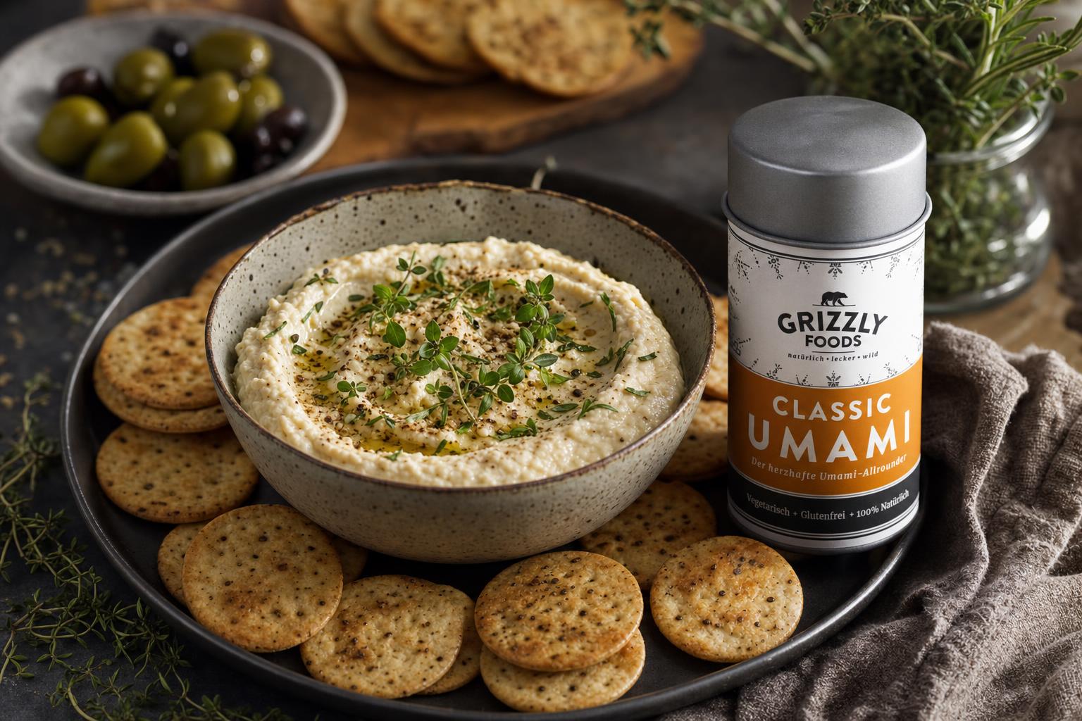 Schale mit cremigem Umami-Dip, garniert mit frischen Kräutern, umgeben von Crackern; im Hintergrund Oliven und weitere Kräuter.