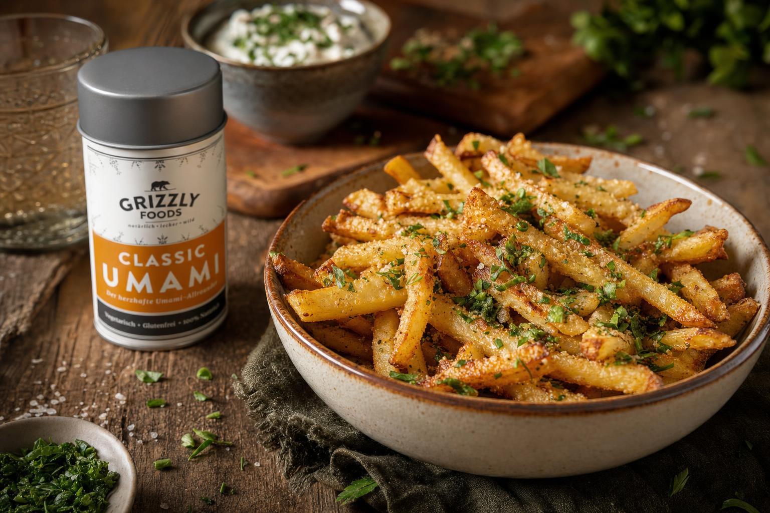 Schale mit goldbraunen, knusprigen Pommes, bestreut mit frischen grünen Kräutern auf rustikalem Holztisch.