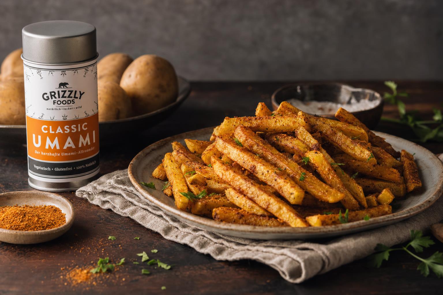 Pommes frites aus Kartoffelspalten, goldbraun gebacken, mit Gewürzen bestreut und mit frischer Petersilie garniert.