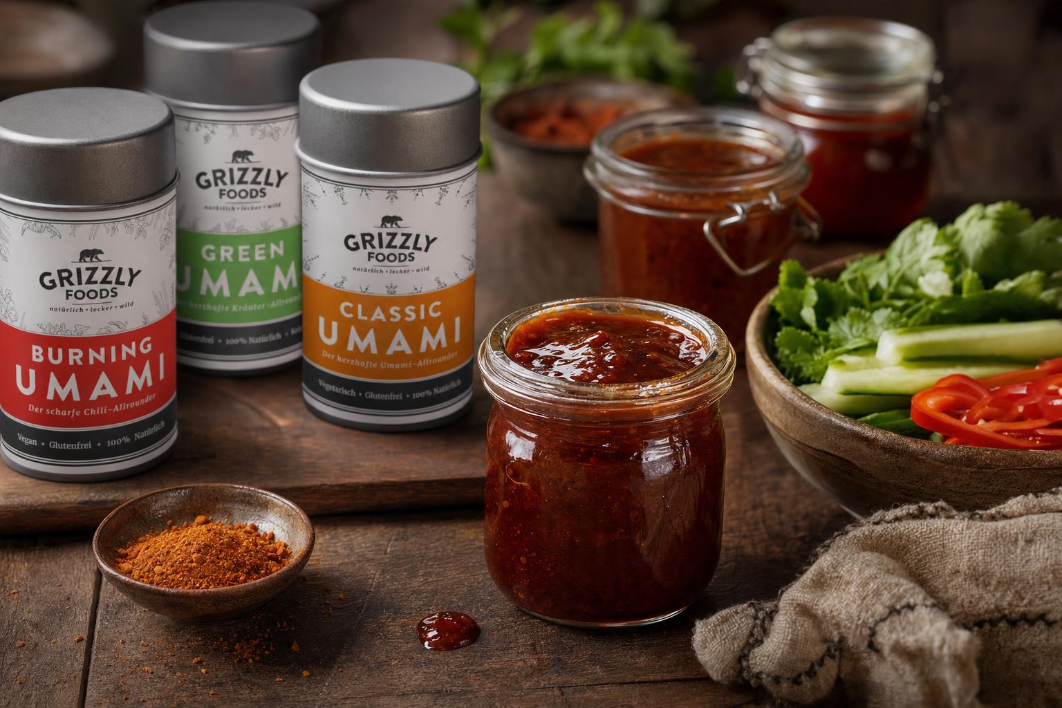 Kleines Glas mit dunkelroter Umami-Sauce auf Holztisch, daneben ein Klecks Sauce, im Hintergrund Kräuter und geschnittenes Gemüse.