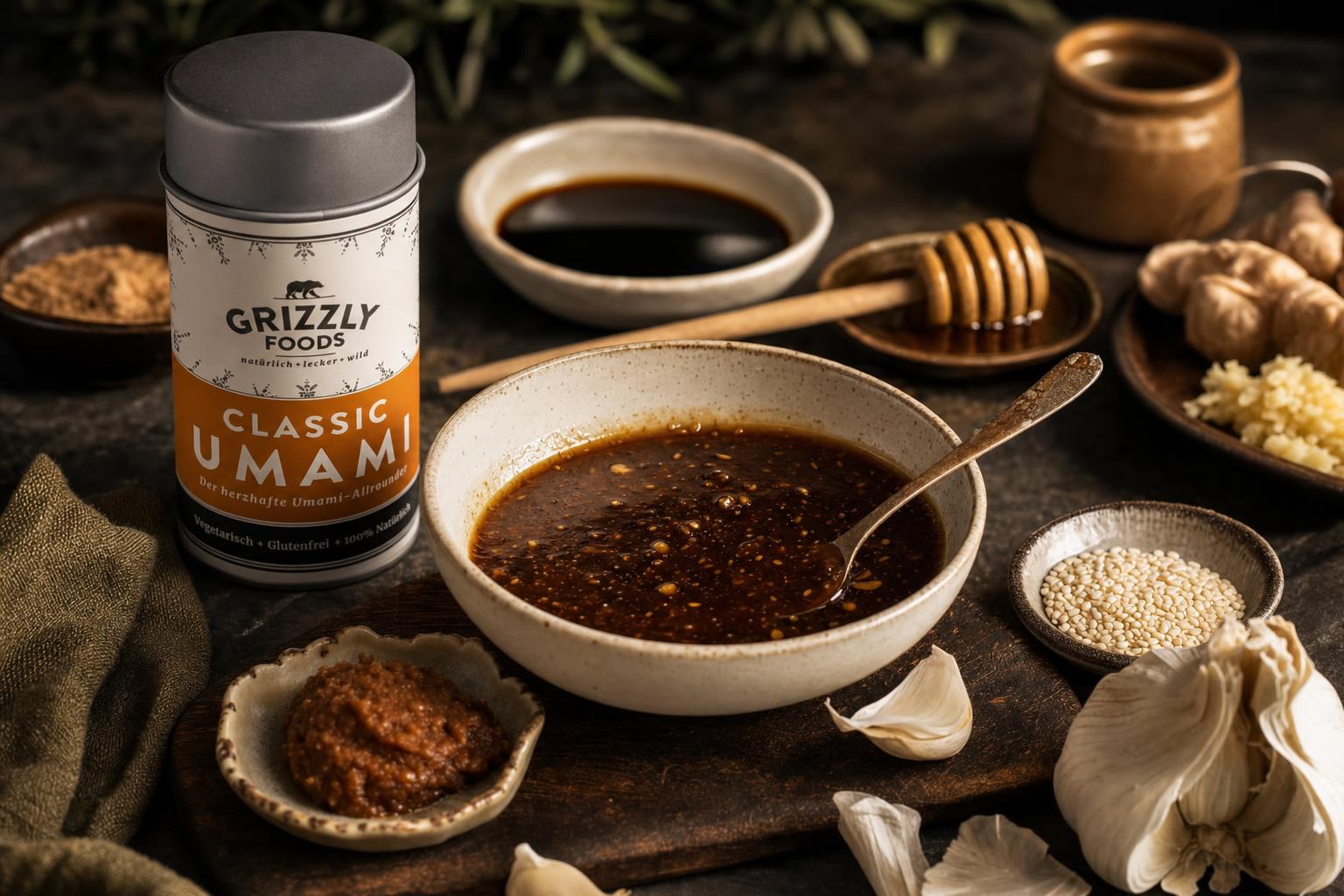 Kleine Schale mit dunkler, glänzender Umami-Sauce, daneben frischer Ingwer, Knoblauch und ein Löffel Sesamöl auf hellem Untergrund.