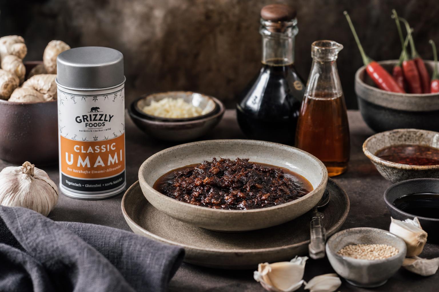Kleine Schale mit dunkler, glänzender Umami XO Sauce, garniert mit gehacktem Knoblauch und Ingwer, daneben ein Löffel.