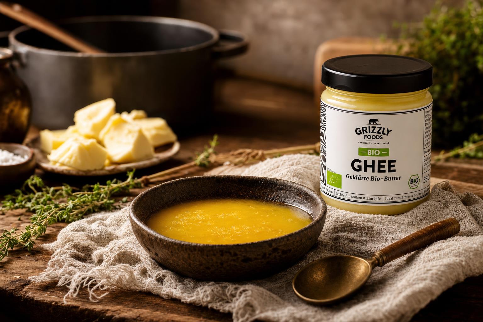 Schale mit goldgelbem Ghee auf einem Tuch, daneben ein Löffel; im Hintergrund Butterstücke, Kräuter und ein Topf unscharf.