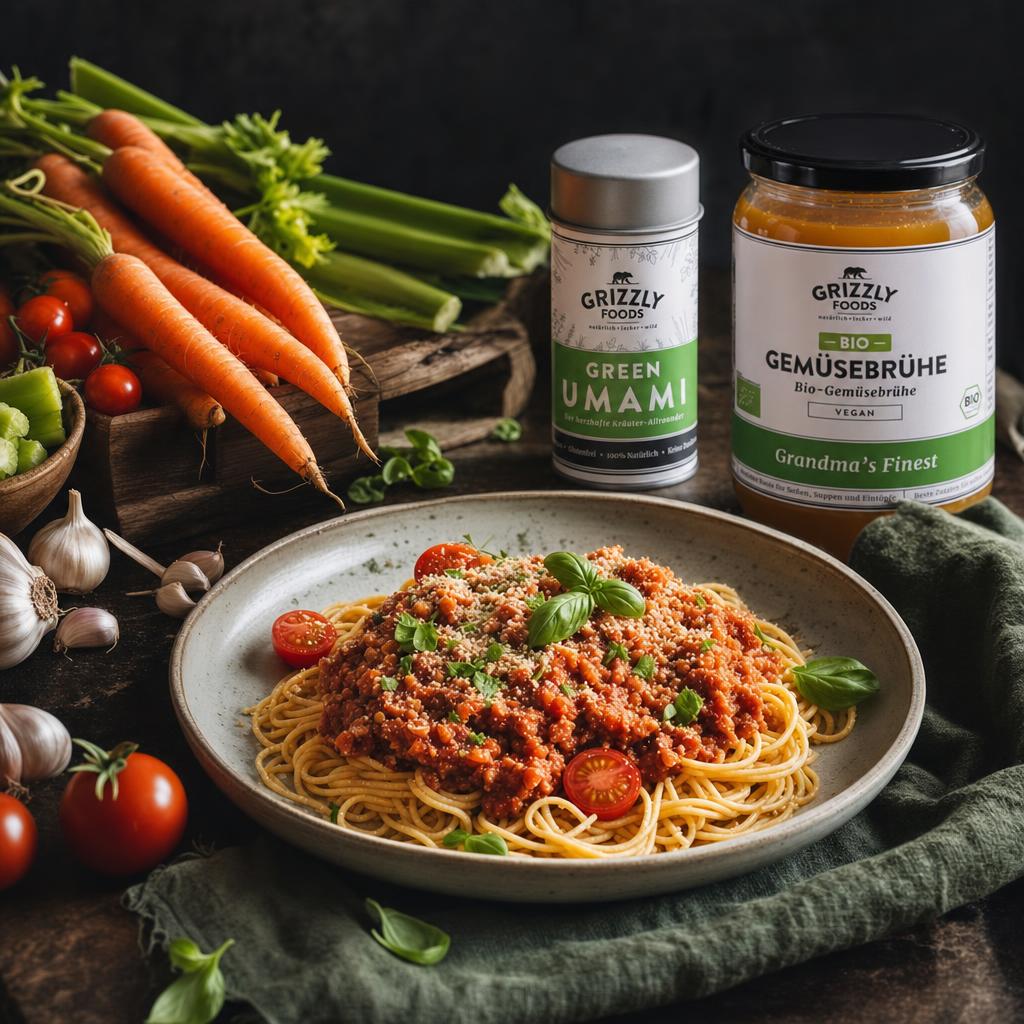 Spaghetti mit veganer Bolognese, garniert mit Basilikum und Kirschtomaten, umgeben von frischem Gemüse auf einem Holztisch.