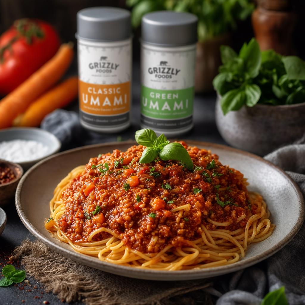 Spaghetti mit veganer Bolognese aus Tomatensauce, Linsen und Gemüse, garniert mit frischem Basilikum und Kirschtomaten in einer Schüssel