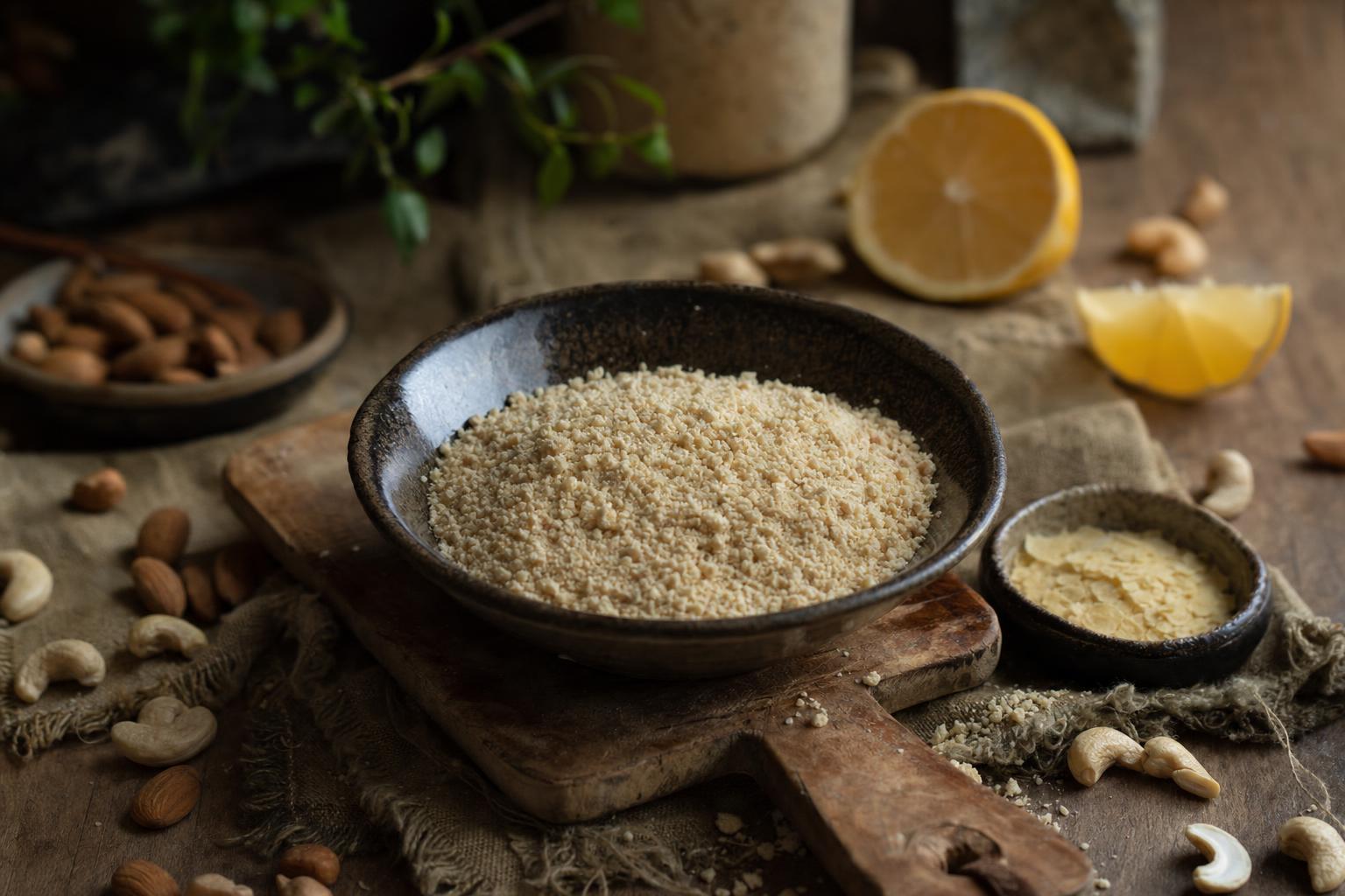 Kleine Schale mit veganem Parmesan aus gemahlenen Nüssen und Hefeflocken auf hellem Untergrund.