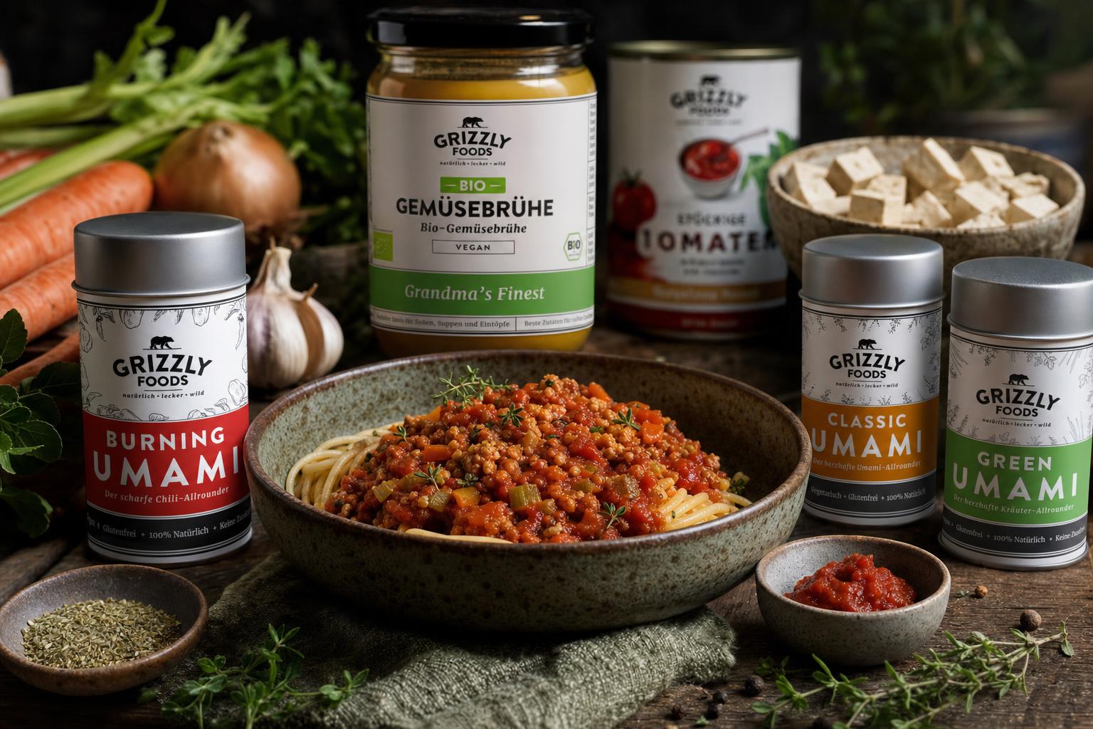 Teller mit veganer Bolognese aus Tofu und Gemüse, serviert auf Spaghetti, garniert mit frischen Kräutern