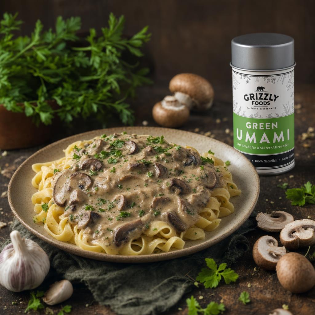 Pasta mit cremiger veganer Pilzsauce, garniert mit frischen Kräutern und Kernen, serviert in einer roten Schale auf Holztisch.