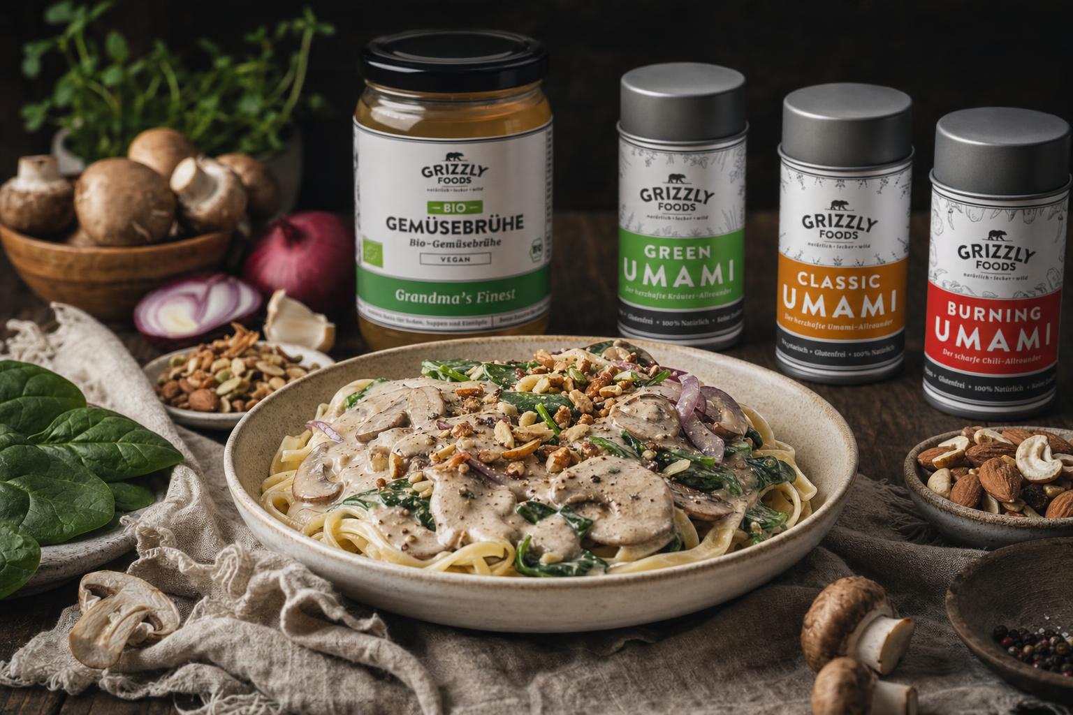 Tagliatelle mit cremiger veganer Pilzsauce, frischem Babyspinat und Nussgranola auf einem weißen Teller angerichtet