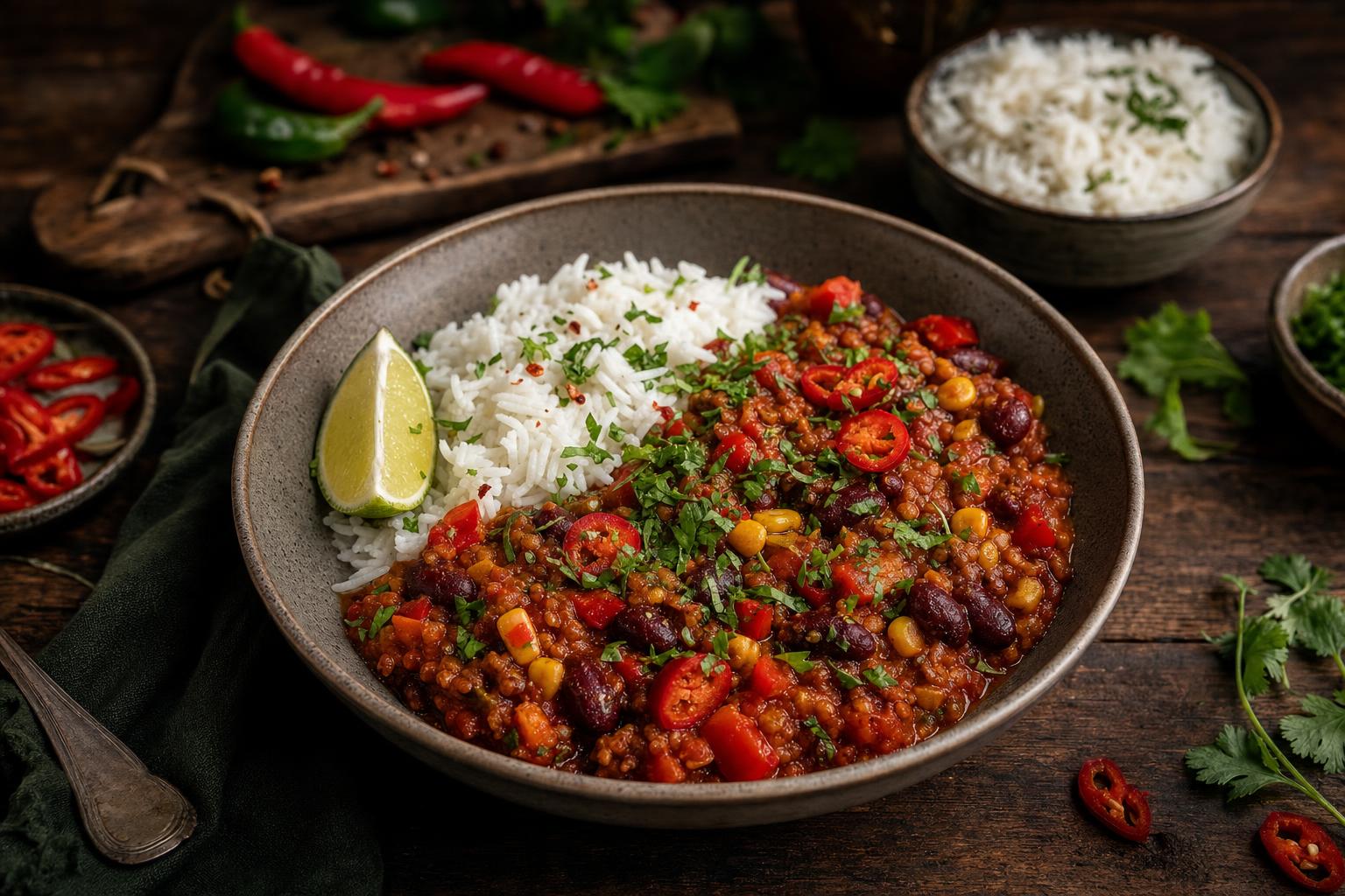 Schüssel mit veganem Chili sin Carne, weißen Reis, Kidneybohnen und Gemüse, garniert mit frischen Kräutern, auf rustikalem Holztisch.