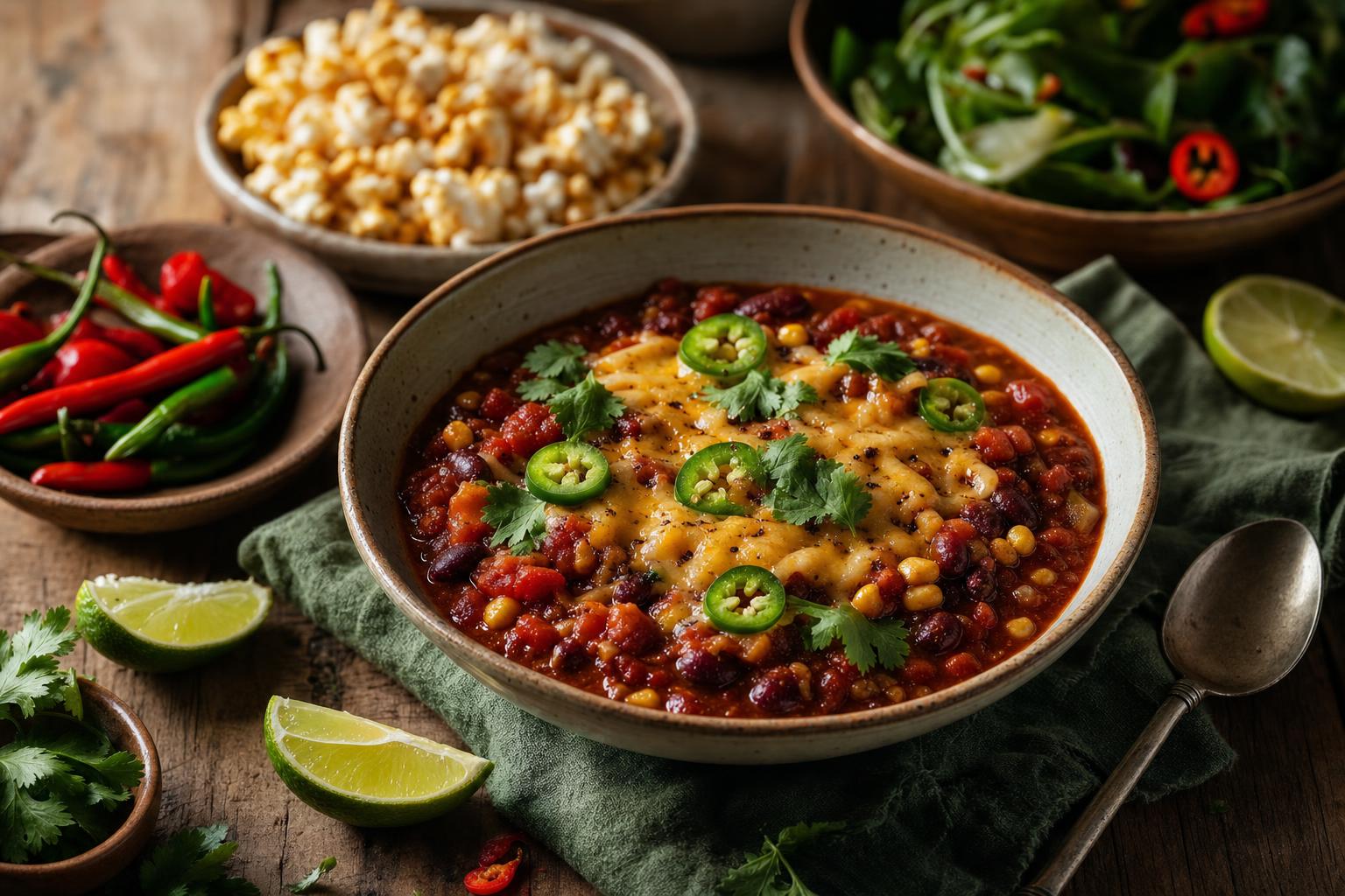 Eine Schüssel veganes Chili sin Carne mit Koriander und grünen Chilischoten, umgeben von Limetten und frischen Chilis auf Holztisch.