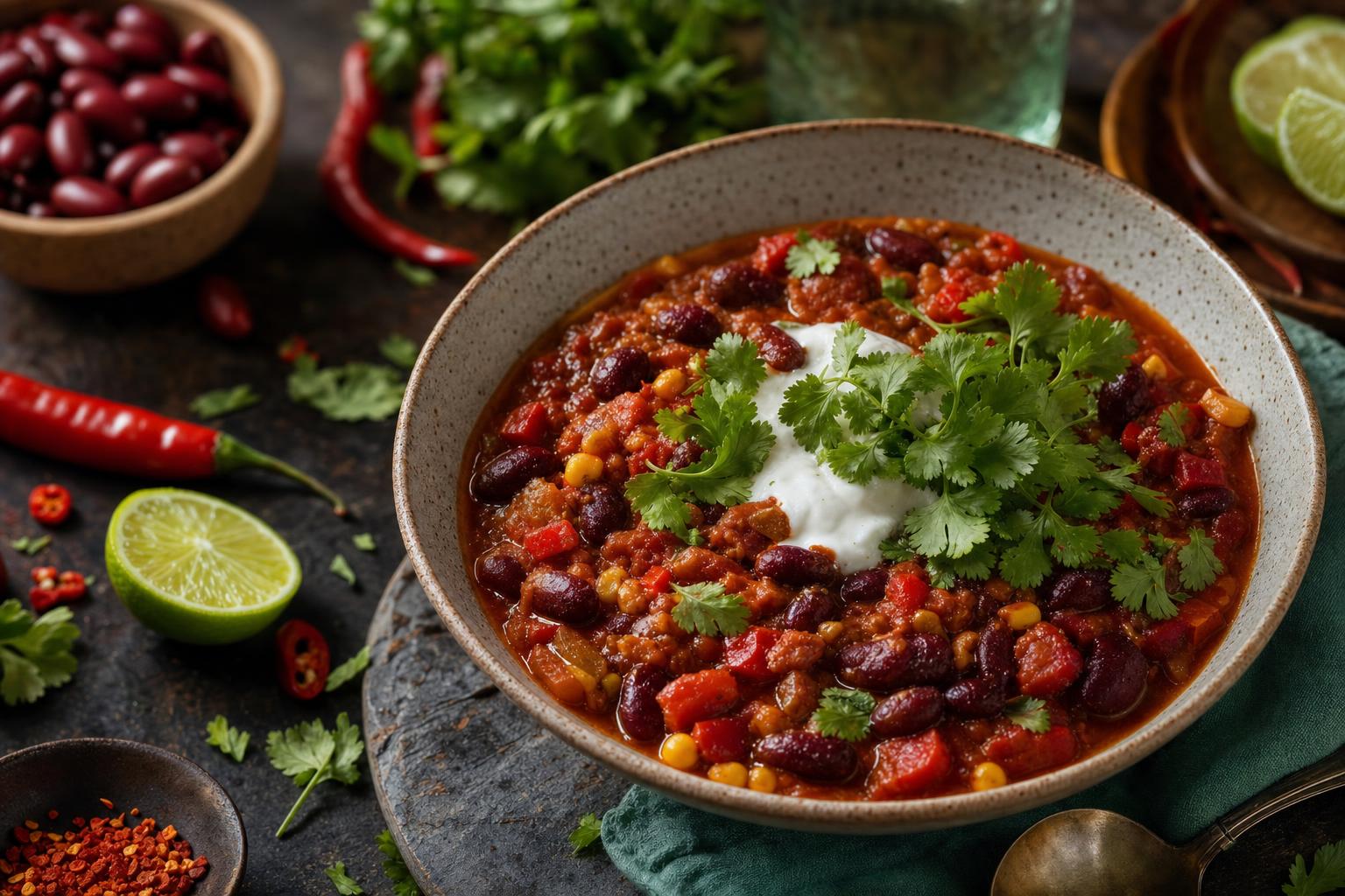 Eine Schüssel veganes Chili sin Carne mit veganer Creme und frischem Koriander, umgeben von Chili, Limetten, Kidneybohnen und Kräutern.
