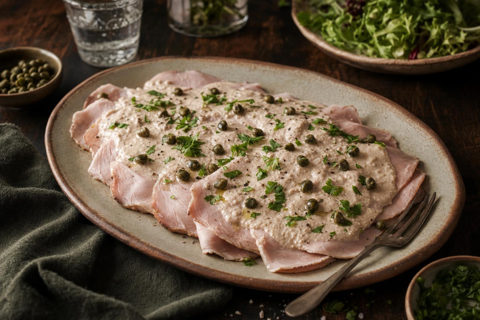 Dünn geschnittenes Kalbfleisch mit cremiger Thunfischsauce, garniert mit Kapern und frischer Petersilie auf einem Teller angerichtet.