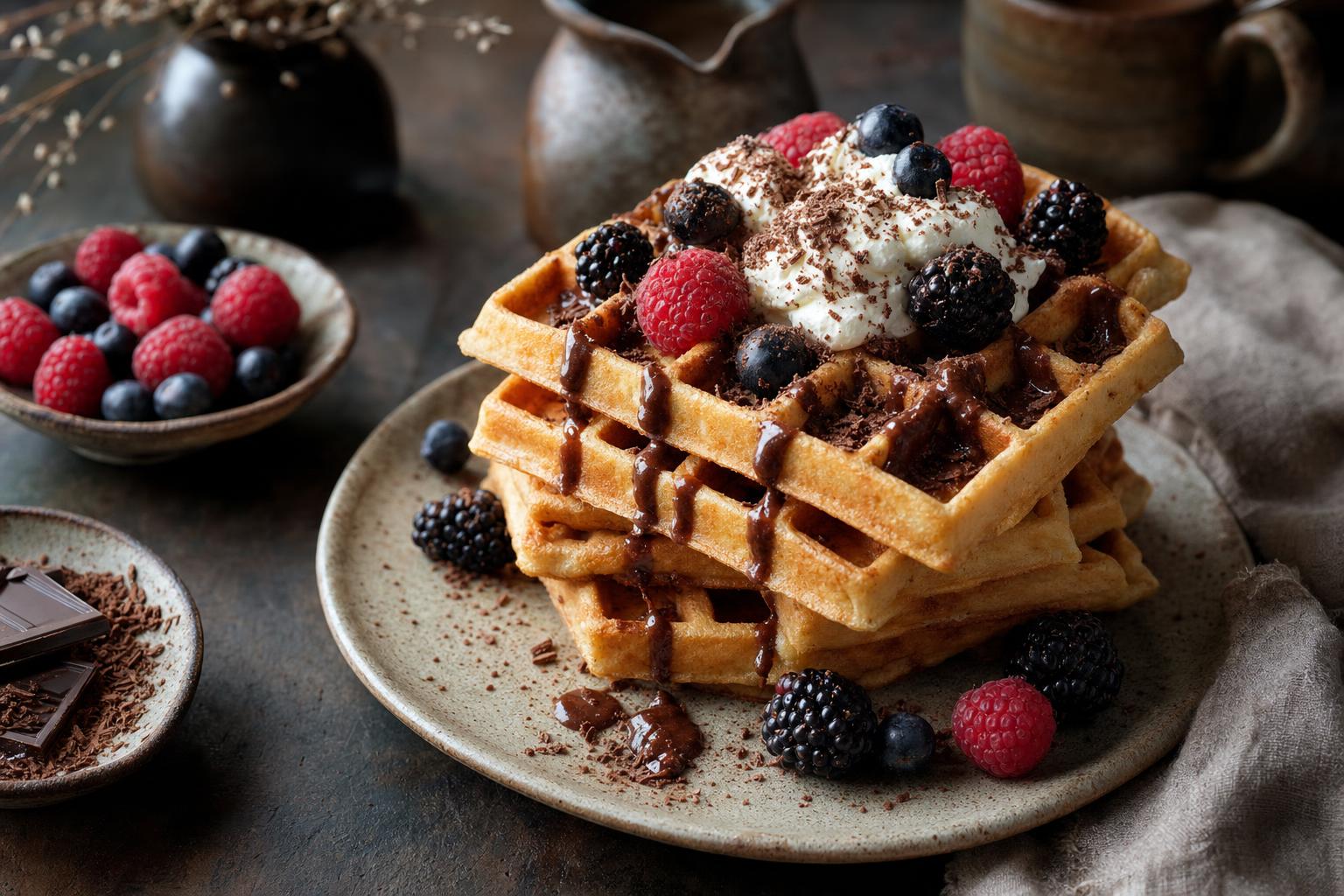 Ein Stapel goldbrauner Waffeln mit Sahne, frischen Beeren und Schokoraspeln, serviert auf einem Teller, daneben extra Beeren und Schokolade.