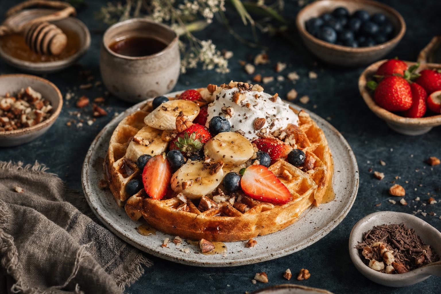 Gestapelte, goldbraune Waffeln mit frischen Beeren, Bananenscheiben, Sahne, gehackten Nüssen und Sirup auf einem Teller angerichtet