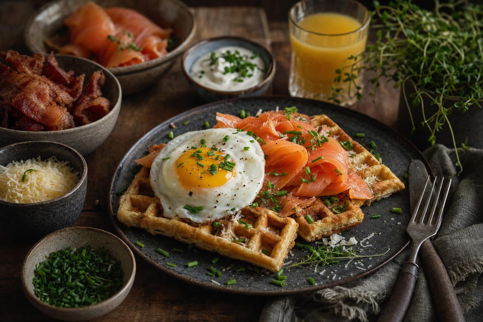 Herzhafte Waffeln mit Spiegelei, Räucherlachs und frischen Kräutern, dazu Schälchen mit Schnittlauch, Sauerrahm, Käse und Speck.