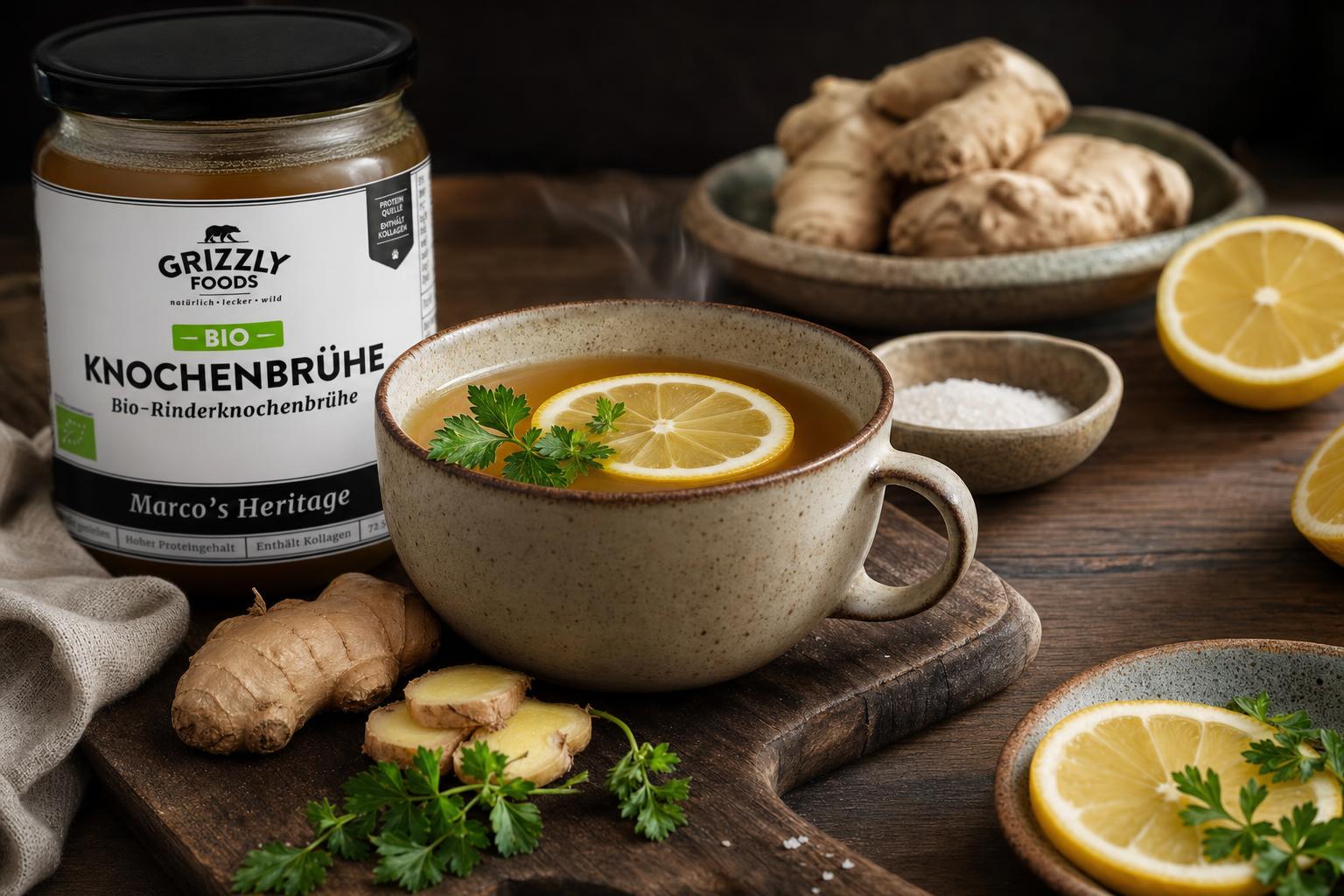 Keramiktasse mit heißer Knochenbrühe, garniert mit Zitronenscheiben und Petersilie, daneben Ingwer, Zitronen und Salz auf Holztisch.