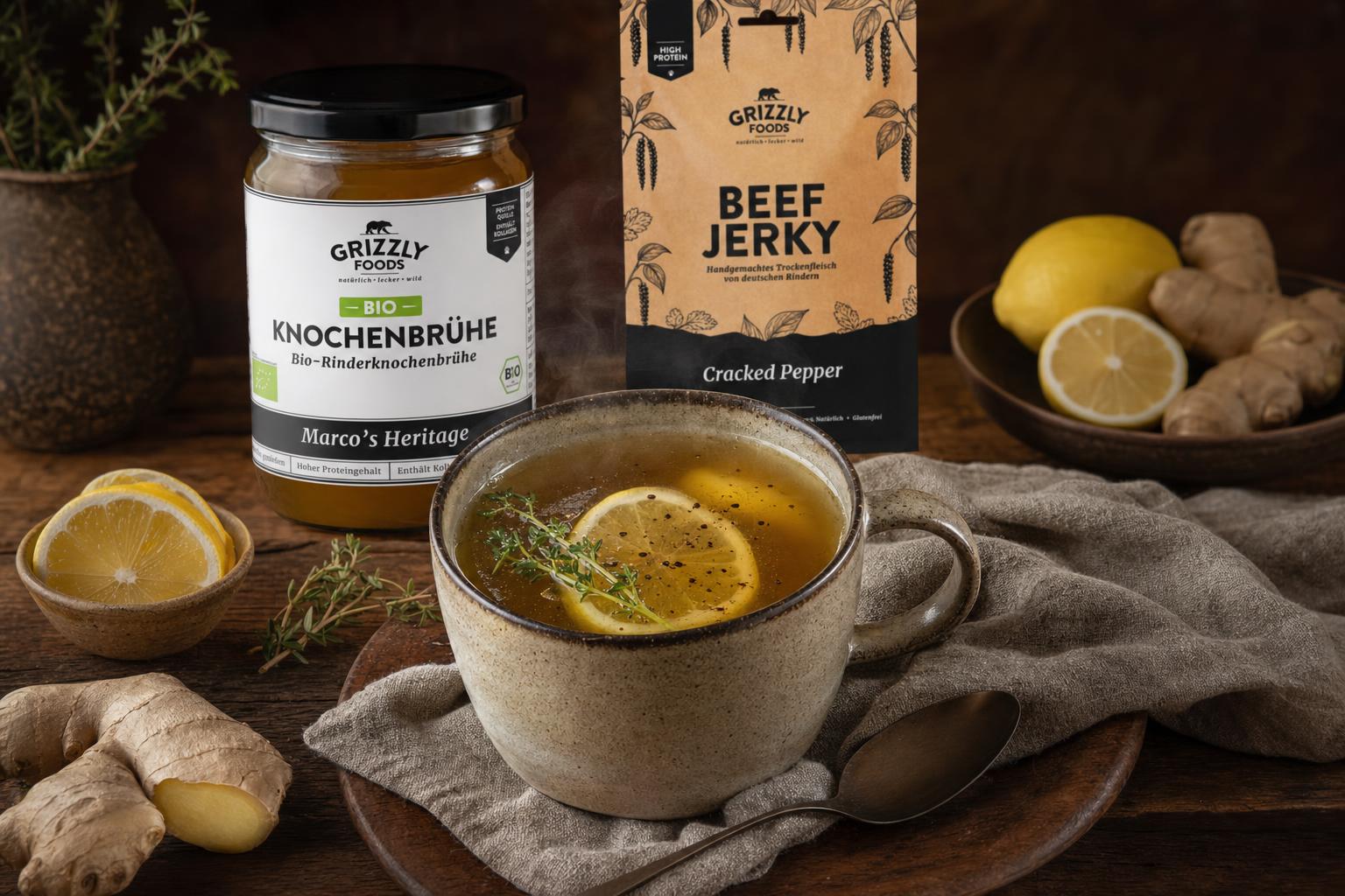 Eine dampfende Tasse Knochenbrühe mit Zitronenscheiben, Pfeffer und Kräutern, daneben frischer Ingwer und Zitrone auf Holztisch.
