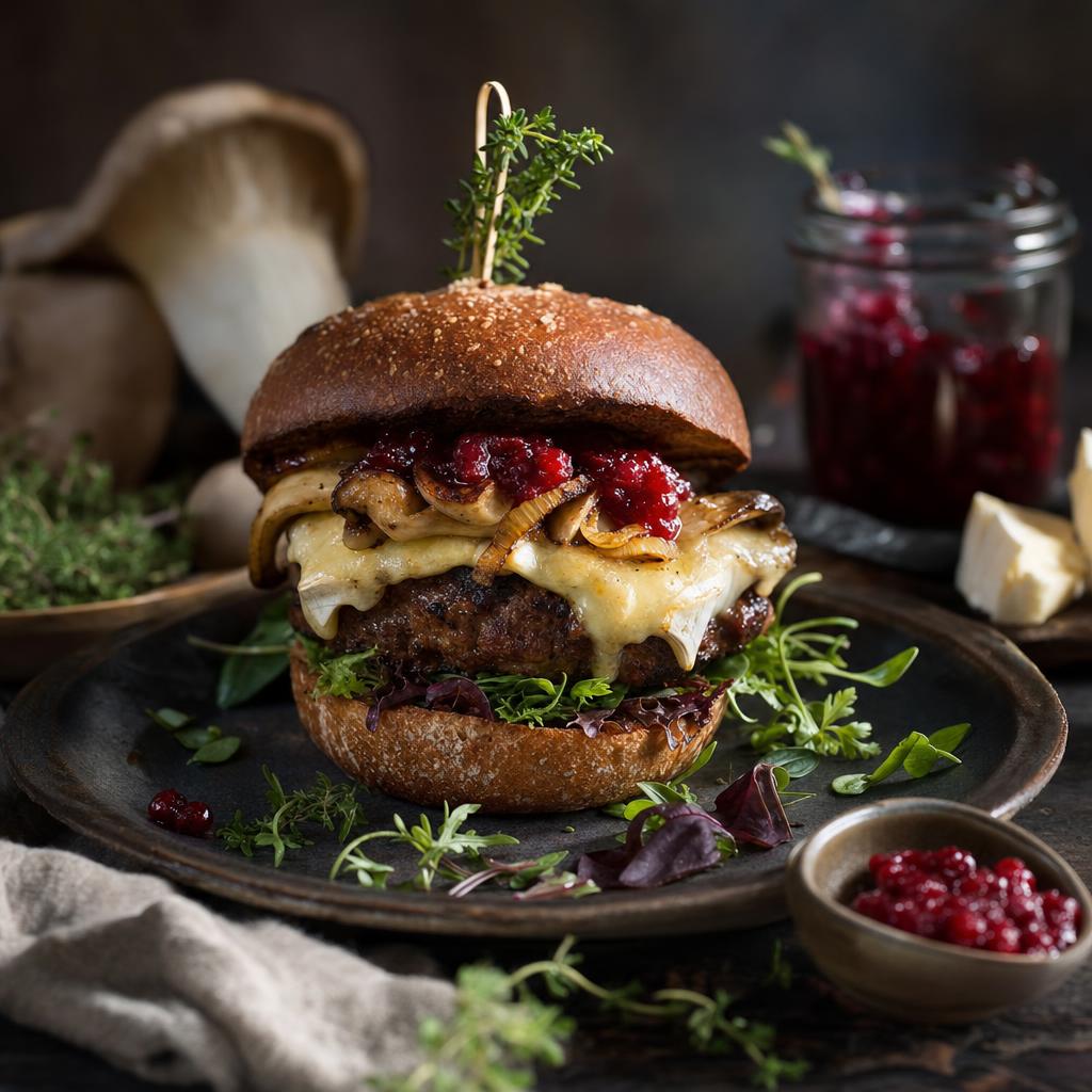 Wild-Burger mit Wildfleisch-Patty, Camembert, Kräuterseitlingen, Röstzwiebeln, Preiselbeersauce und Salat auf Holzbrett, dazu Kartoffelspalt
