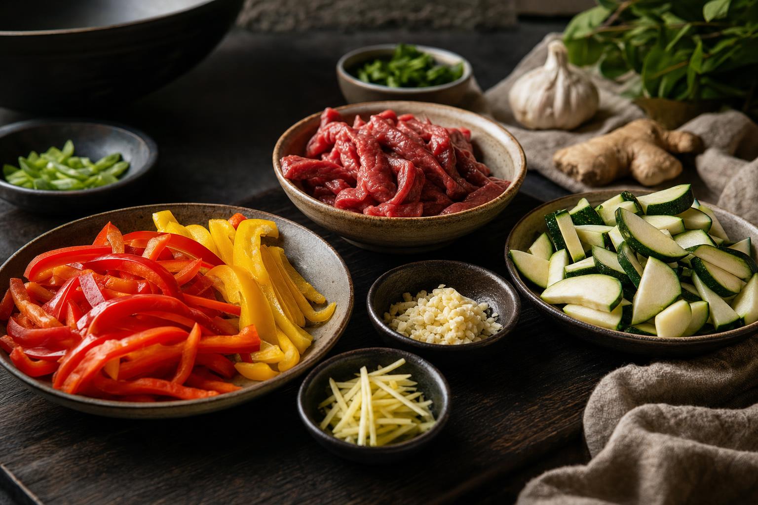 Wok Woche – Geschnittene Paprika, Zucchini, Knoblauch, Ingwer und Rindfleischstreifen auf dunklem Brett, bereit zum Anbraten