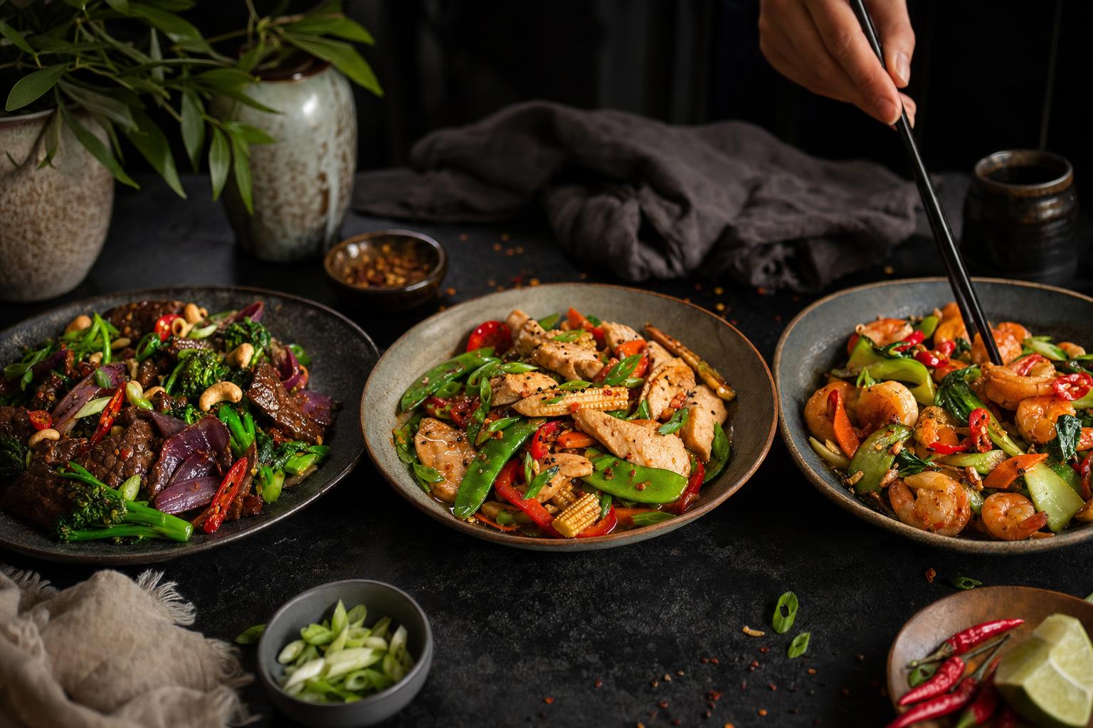 Wok Woche: drei Protein-Pfannen angerichtet