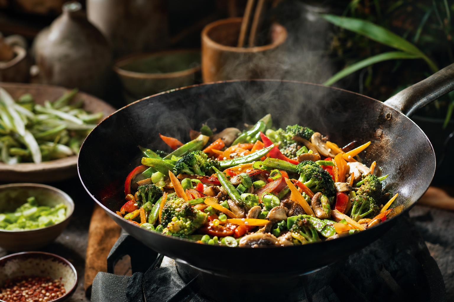 Wok Woche – Wok mit dampfenden, gebratenen Gemüsestreifen bei hoher Hitze, leuchtend im dramatischen Küchenlicht, keine Hände sichtbar