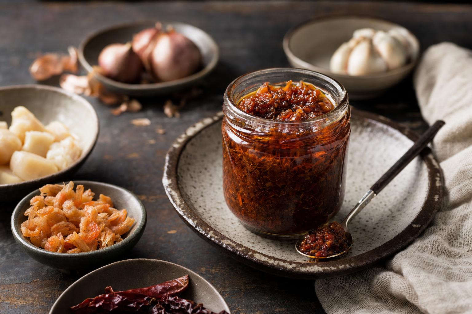 Ein Glas mit stückiger, rötlich-brauner XO Sauce auf einem Holztisch, sichtbar ölhaltig mit groben Zutatenstücken.