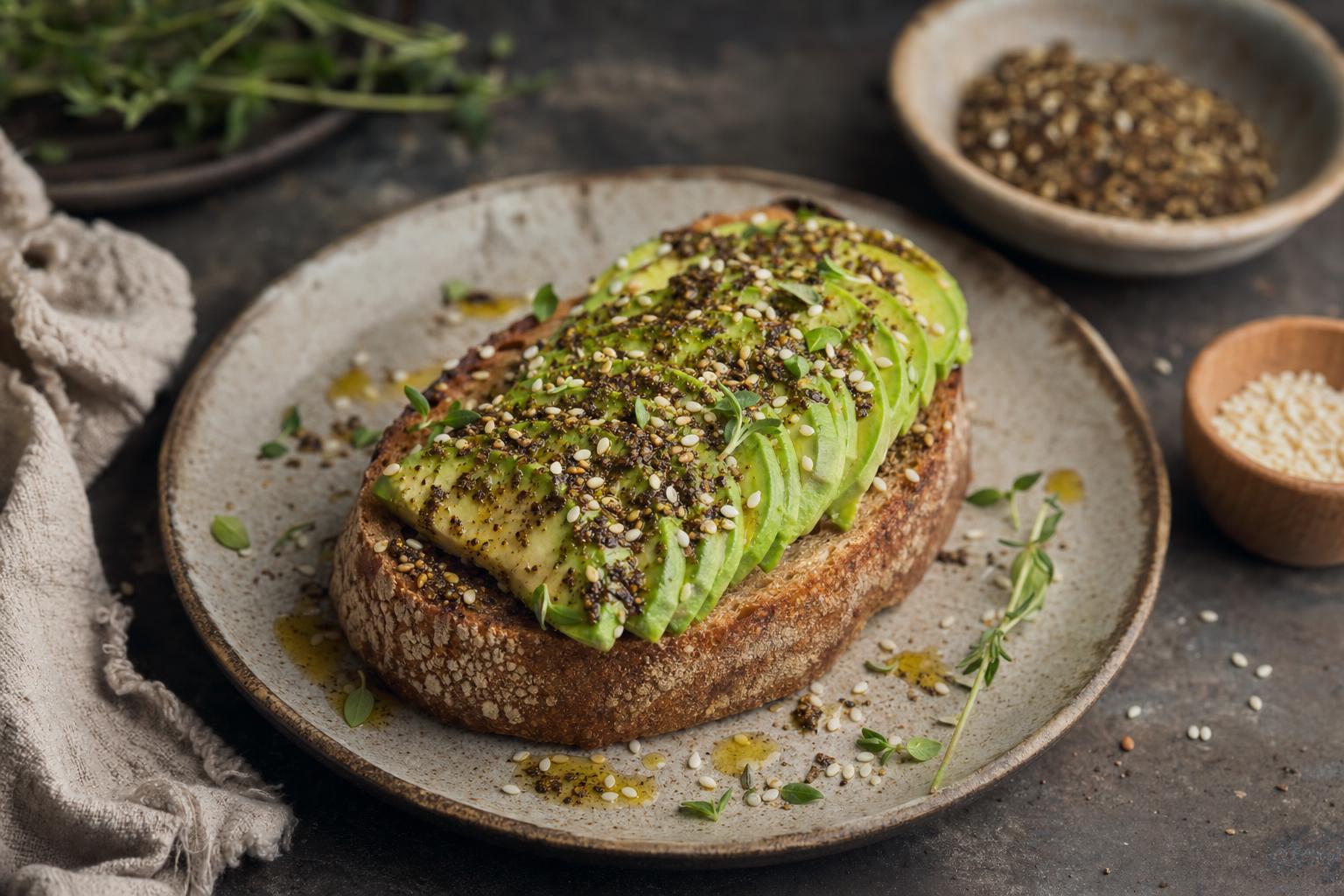 Scheibe rustikales Brot mit Avocado, bestreut mit Zatar-Gewürzmischung und Sesam, auf grauem Teller, im Hintergrund weiteres Brot.
