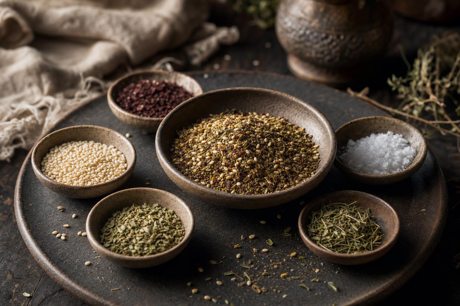 Kleine Schale mit angerösteter, grobkörniger Gewürzmischung aus Sesam, Kräutern und Sumach auf hellem Untergrund.