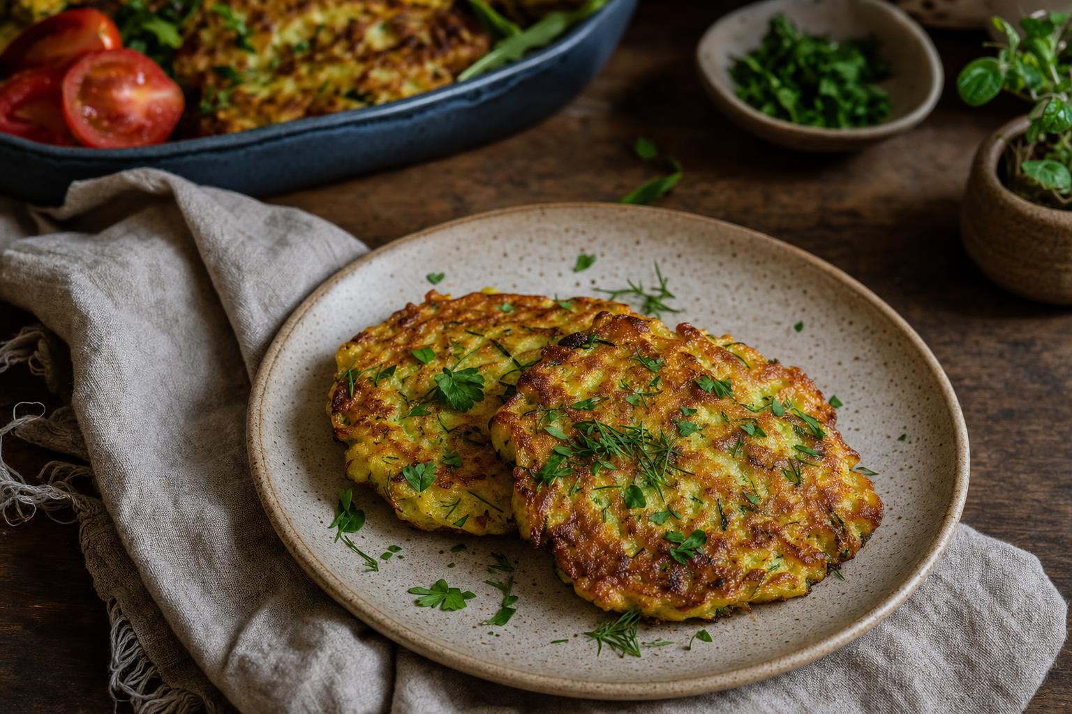 Zwei goldbraune Zucchini-Puffer auf Keramikteller, garniert mit frischen Kräutern, im Hintergrund weitere Puffer und Kirschtomaten.
