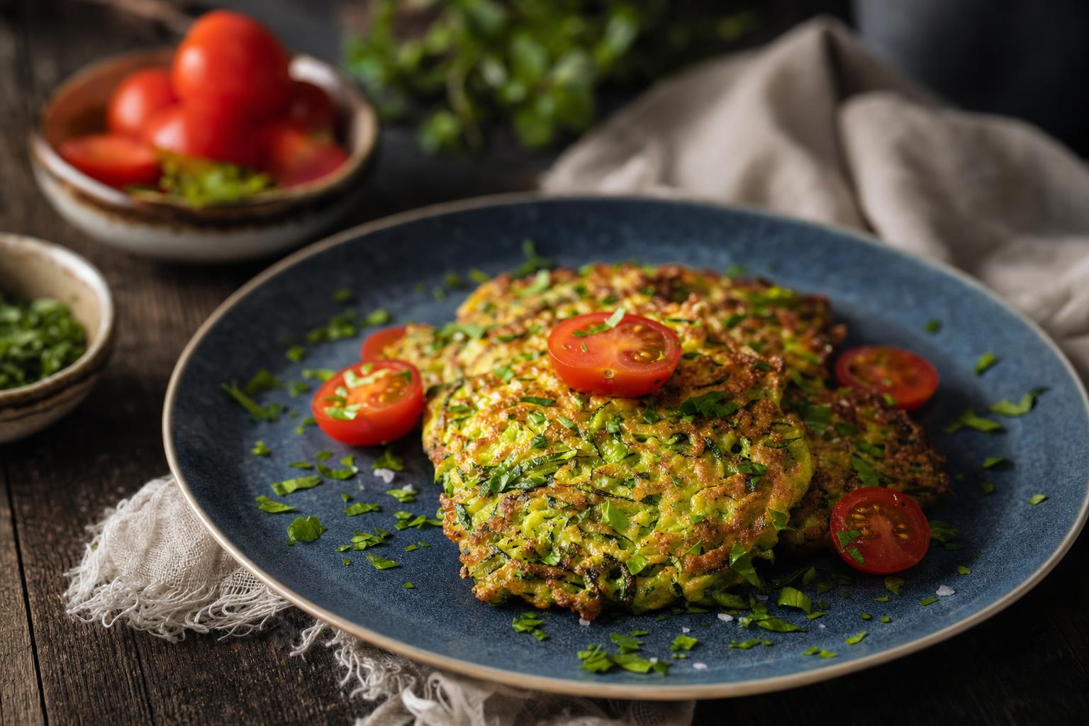 Goldbrauner Zucchini-Puffer auf blauem Teller, garniert mit frischen Kräutern und halbierten Kirschtomaten, daneben rustikales Besteck.